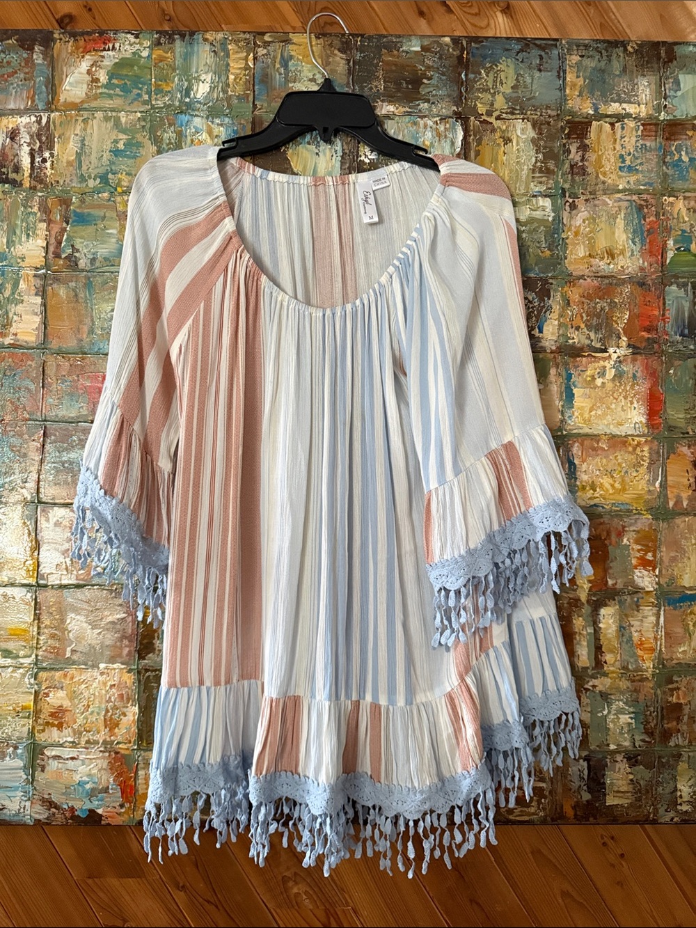 Striped Tassel Hem Boho Tunic in Light Blue & Blush